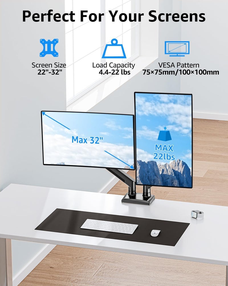 MOUNTUP Dual Monitor Stand fits up to 32 inch, 4.4-22 lbs Computer Screens, Dual Monitor Desk Mount Height Adjustable, Monitor Arms for 2 Monitors, Home Office VESA Mounts, Freelift Black - Image 2